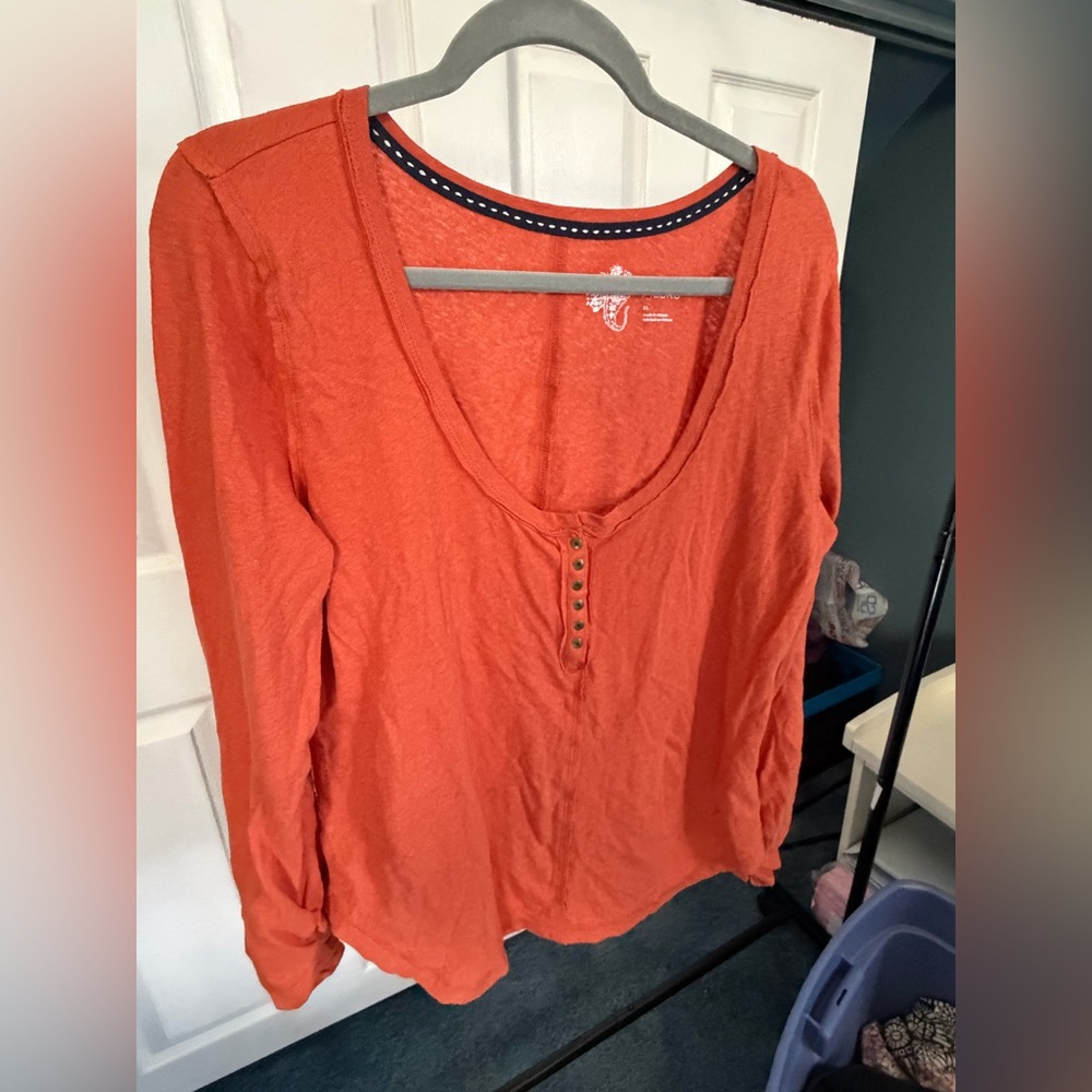 Anthropologie Pilcro Scoop Neck Henley Long Sleeve Top Orange